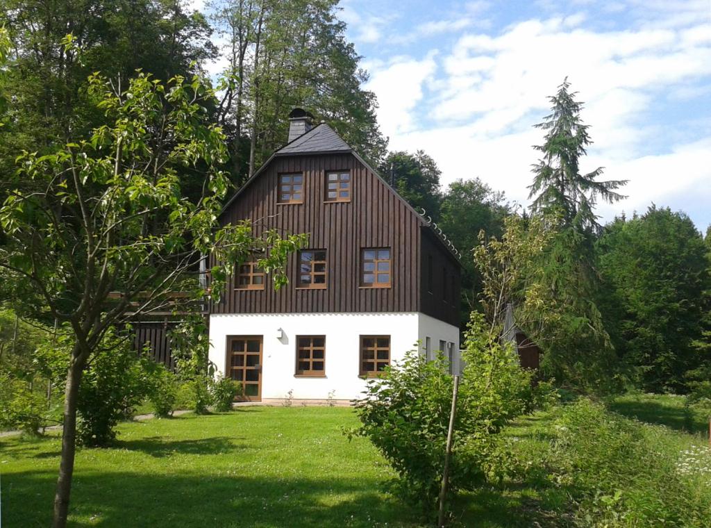 a black and white house in the middle of a yard at Ferienwohnung Erzgebirge in Pockau