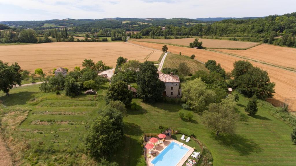 Castelnau-de-MontmiralにあるDomaine Les Miquelsの田園の家屋とプールの空中風景