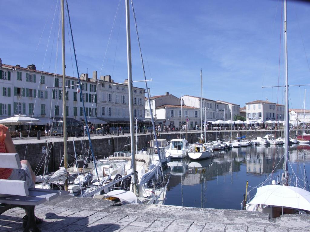 a group of boats docked in a marina with buildings at Studio Vue Mer in Saint-Martin-de-Ré