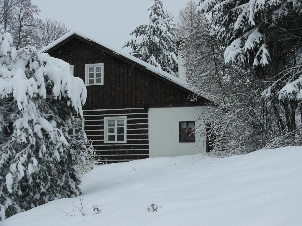 una cabina nella neve con alberi innevati di Penzion Olesnice a Zlatá Olešnice