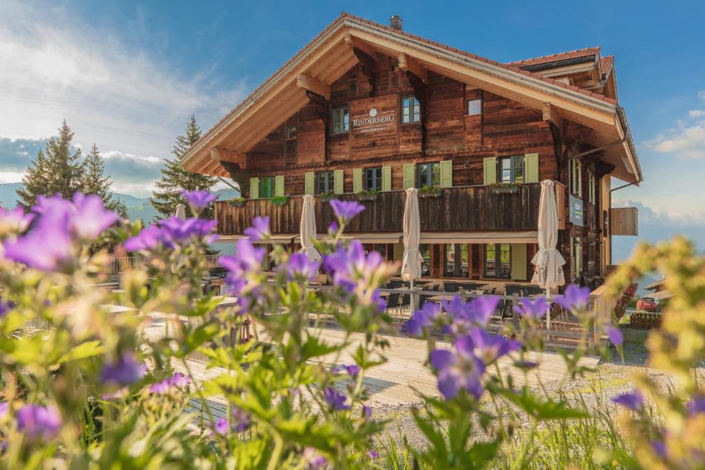 Rinderberg Swiss Alpine Lodge في زويسمن: كابينة خشب أمامها زهور أرجوانية