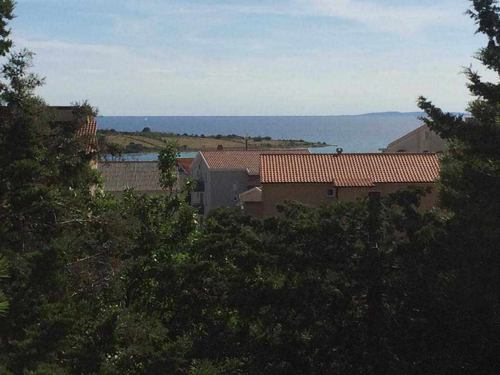 a view of houses and the ocean from the trees at Apartments MiaMaja in Novalja