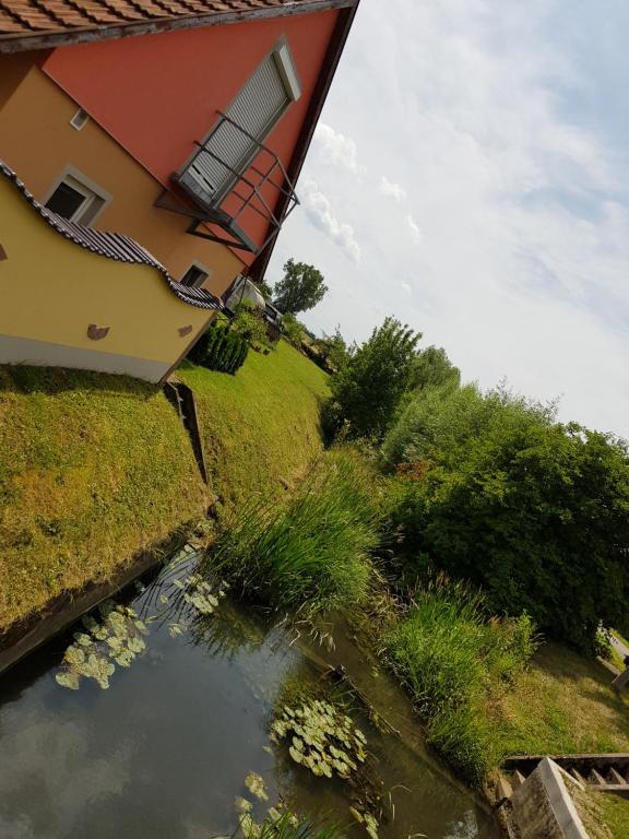 uma casa e um lago em frente a um edifício em Ferienwohnung an der Unditz em Neuried