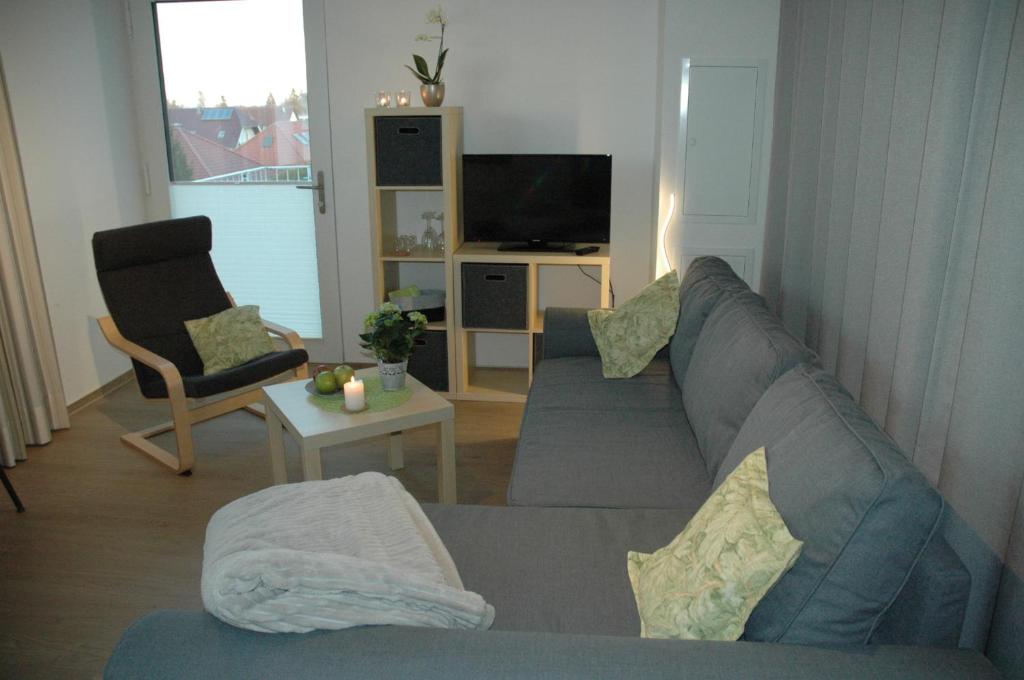 a living room with a blue couch and a tv at Apartment am Apfelgarten in Schwarmstedt