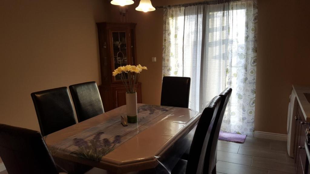 einen Esstisch mit Stühlen und eine Vase mit Blumen darauf in der Unterkunft Gloria Ivana in Bibinje
