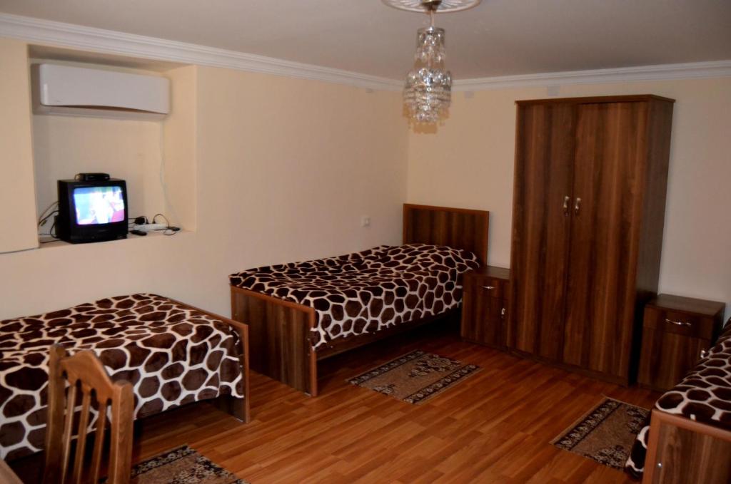 a room with two beds and a tv in it at Nunu's Guesthouse in Tskaltubo