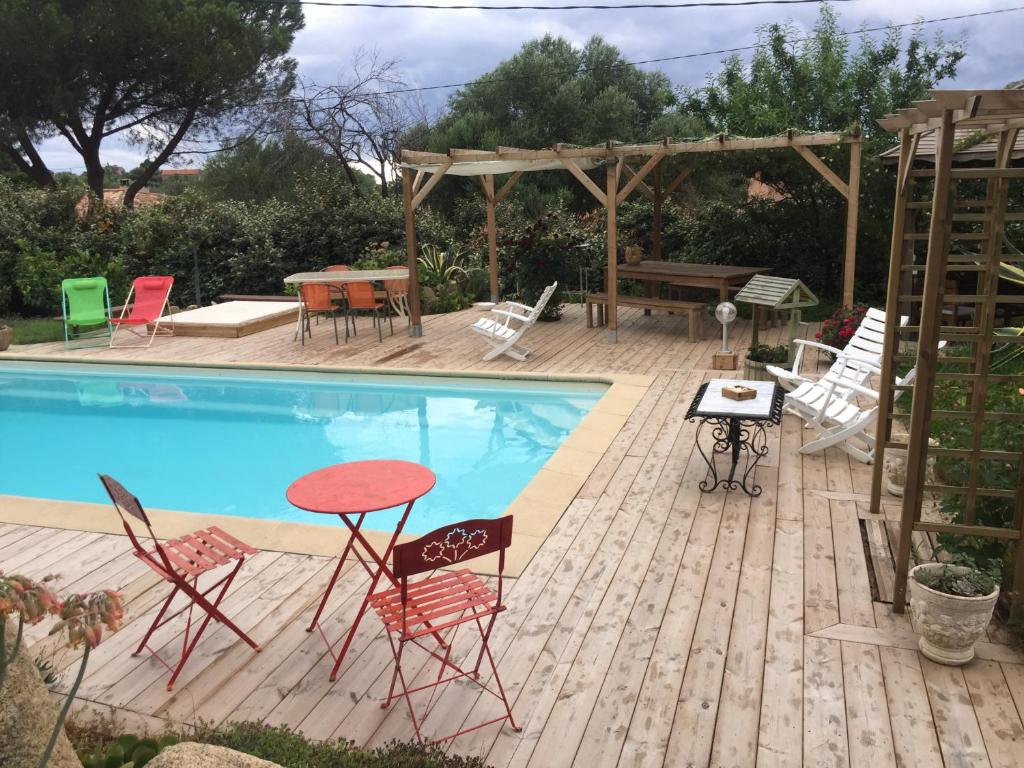 a patio with a pool and chairs and a table at B&B Macchia Verdata avec piscine in Monacia-dʼAullène