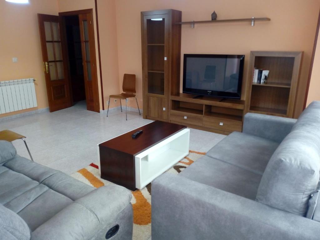 sala de estar con 2 sofás y TV en Apartamento Cefas, en O Pedrouzo