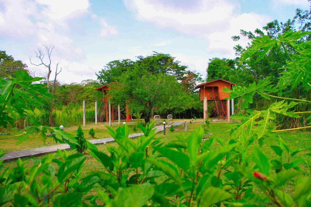 a park with two gazebos in a field at Sigiri Royal Point Tree House in Sigiriya