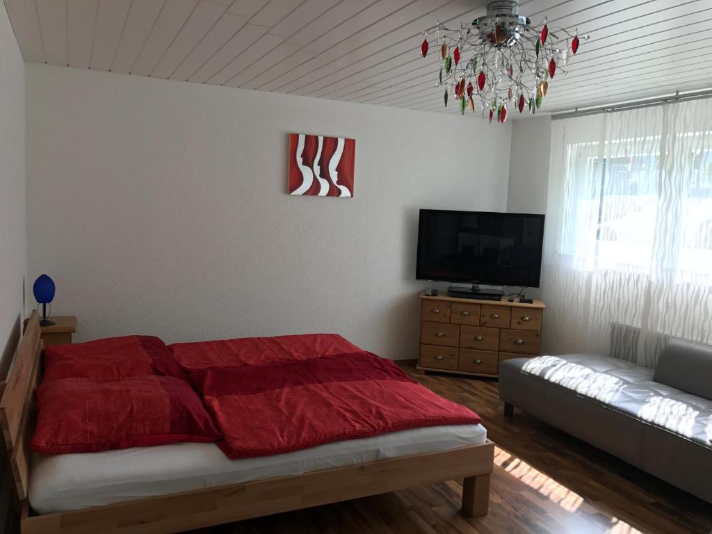 um quarto com uma cama, um sofá e uma televisão em Apartment em Reutlingen