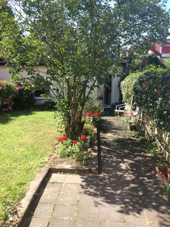 Ein Baum inmitten eines Gartens mit Blumen in der Unterkunft Altstadt Bonn mit eigenem Parkplatz und Garten in Bonn