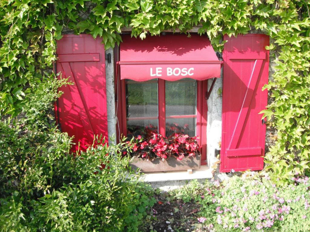 a red window with flowers in a window box at Le Bosc in Anthé