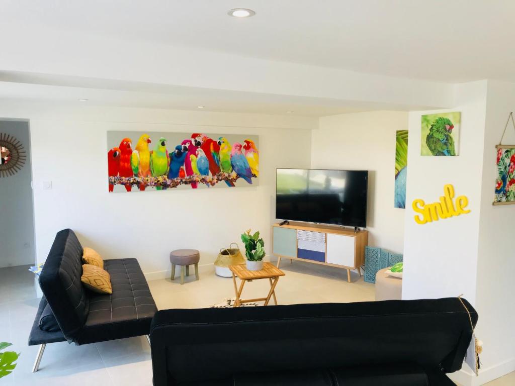 a living room with a couch and a flat screen tv at CosyHome Site du Futuroscope in Chasseneuil-du-Poitou