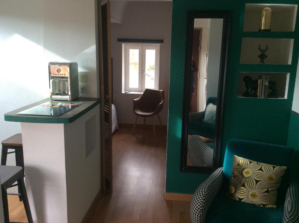 sala de estar con paredes verdes y espejo en L&#39;appart de Clea, en Montluçon