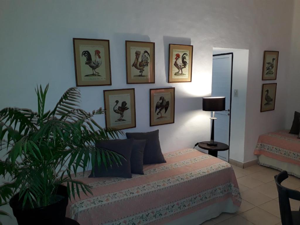 1 dormitorio con 1 cama y cuadros enmarcados en la pared en Departamentos Virgen del Cerro en Salta