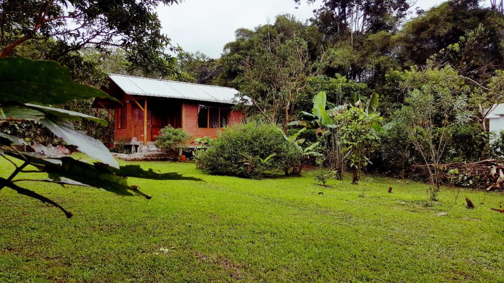 une maison rouge au milieu d'une cour verdoyante dans l'établissement Casitas de Madera, à Mindo