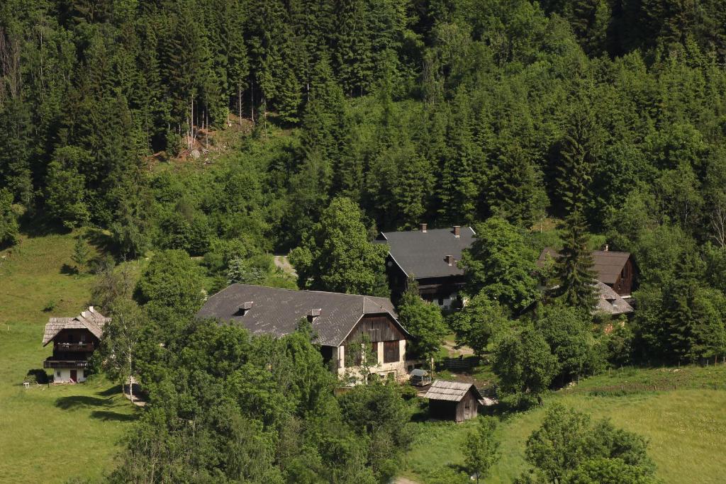 eine Luftansicht eines Hauses inmitten eines Waldes in der Unterkunft Grundnerhof in Arriach