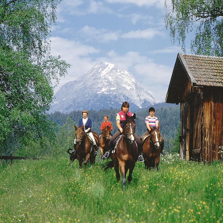 een groep mensen die paardrijden in een veld bij Seefelds Bed & Breakfast in Seefeld in Tirol