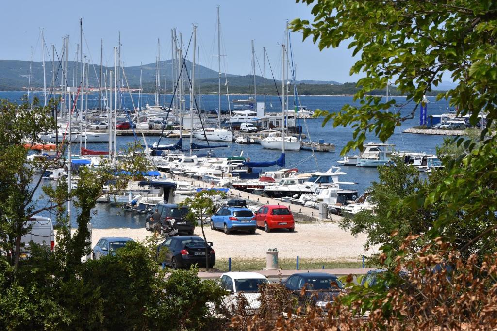 a bunch of boats parked in a marina at Luka Apartments in Biograd na Moru