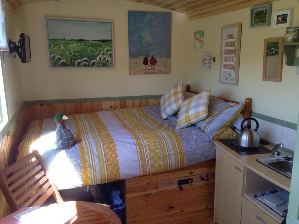 Dormitorio pequeño con cama y lavamanos en Lizzie off grid Shepherds Hut The Buteland Stop, en Bellingham