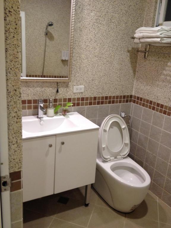 a bathroom with a toilet and a sink and a mirror at Beautiful Life B&amp;B in Dongshan