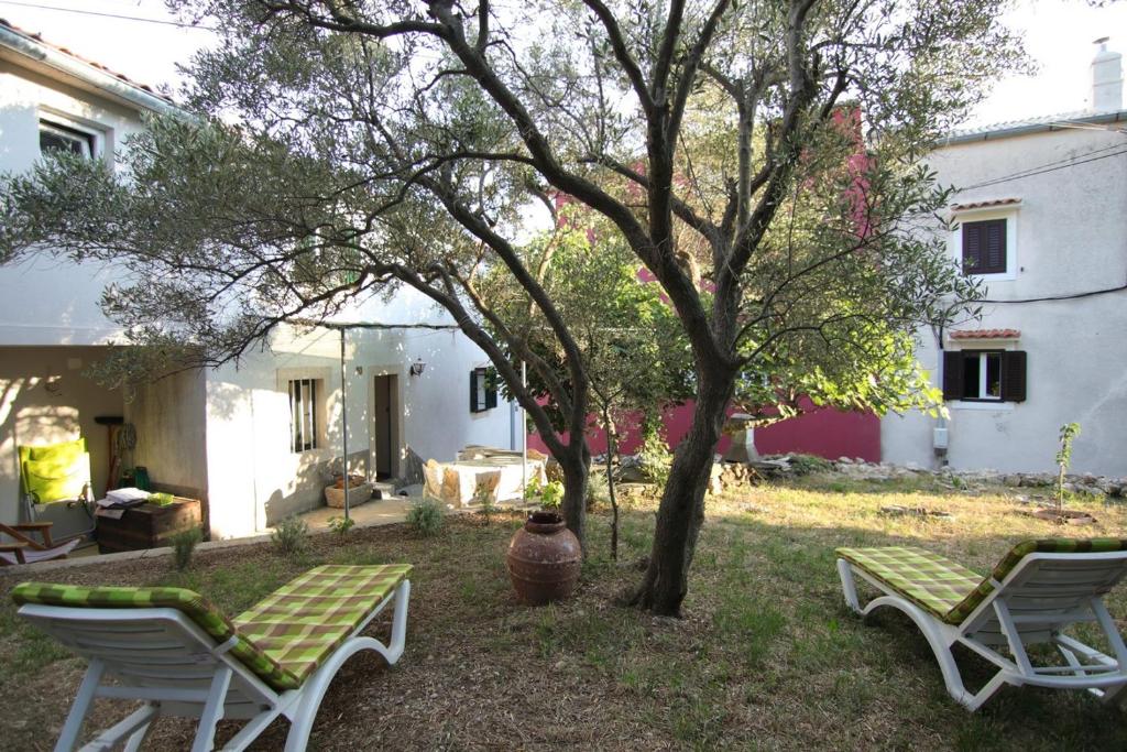 um quintal com duas cadeiras e uma árvore em Holiday Home Krista em Miholašćica