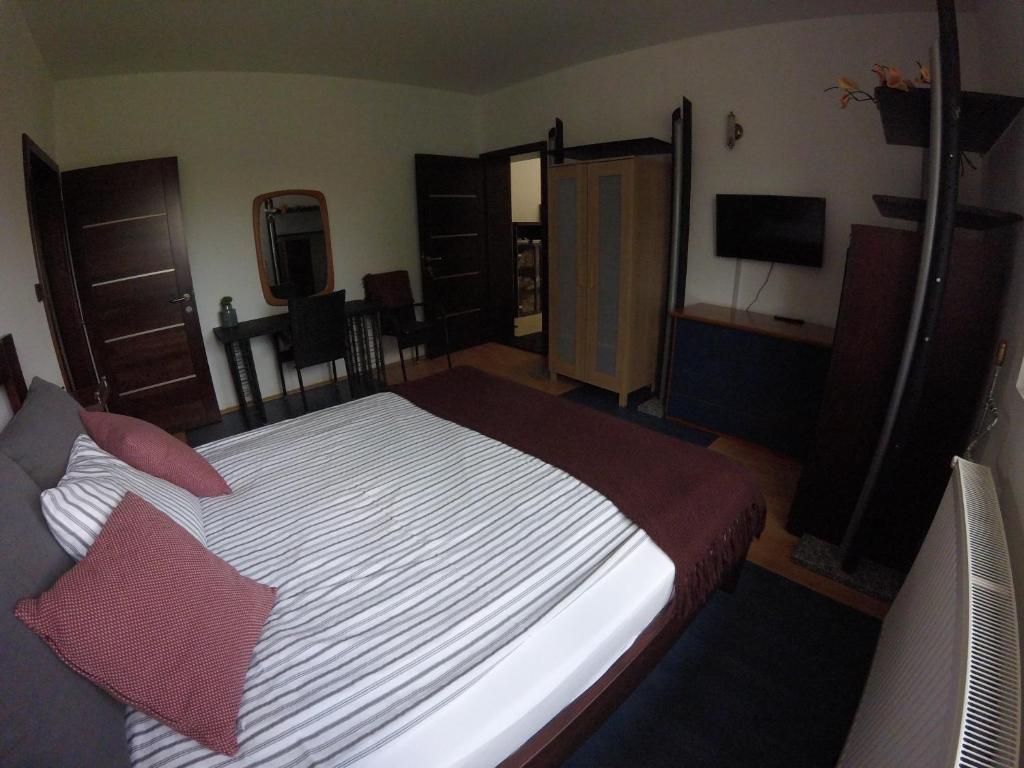 a bedroom with a large bed and a television at Dózsaház in Zalaegerszeg