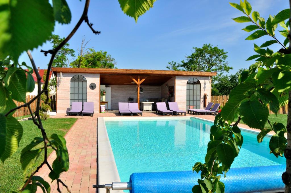 a swimming pool in a yard with chairs and a house at Tisza Topic in Poroszló