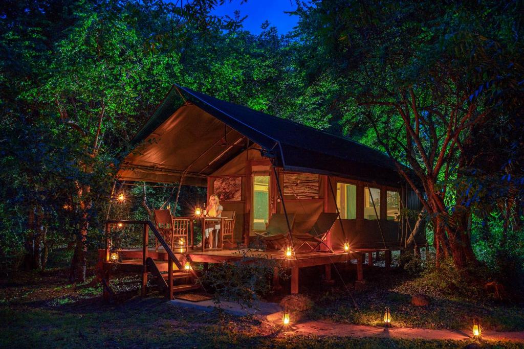 una cabaña en el bosque por la noche con luces en Kulu Safaris - All Inclusive, en Yala