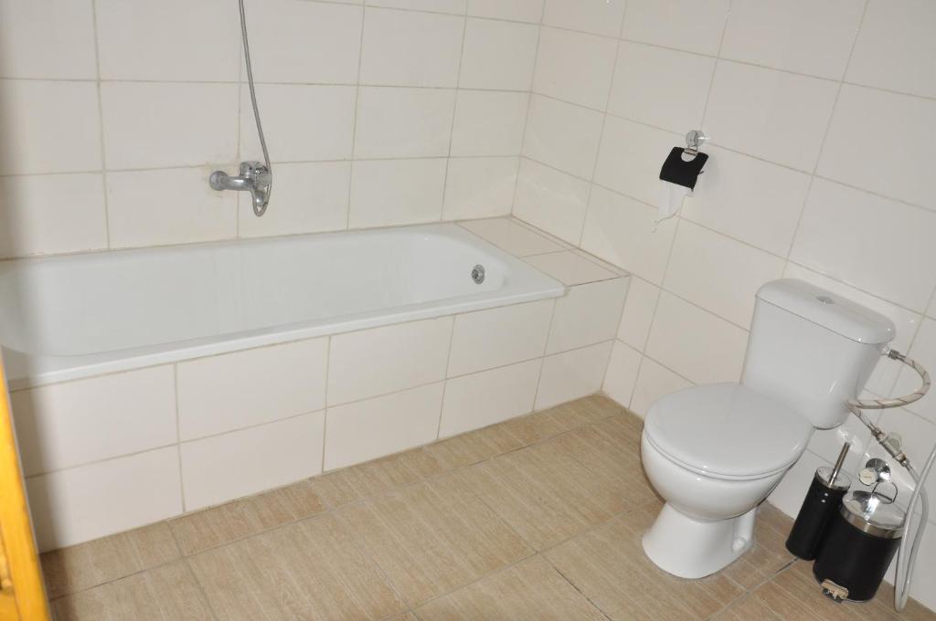 a bathroom with a toilet and a bath tub at Mekelle Hotel in Mekʼelē
