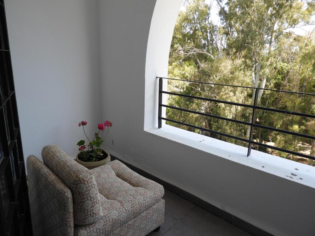 een kamer met 2 stoelen en een groot raam bij Appartement quartier Dar Sebastian, Hammamet in Hammamet