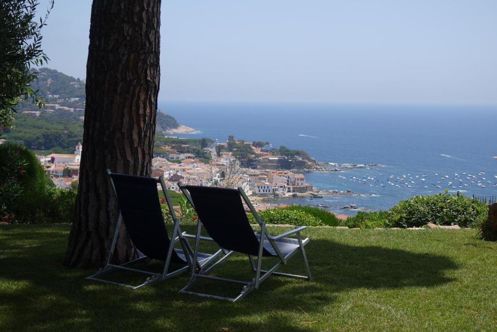 deux chaises assises sous un arbre dans l'herbe dans l'établissement 118-Puig Artiga, à Calella de Palafrugell