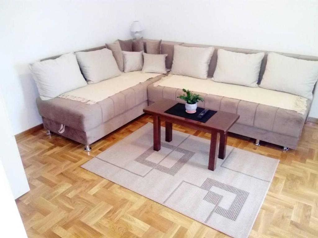 een woonkamer met een bank en een salontafel bij Apartment Laća in Vrnjačka Banja