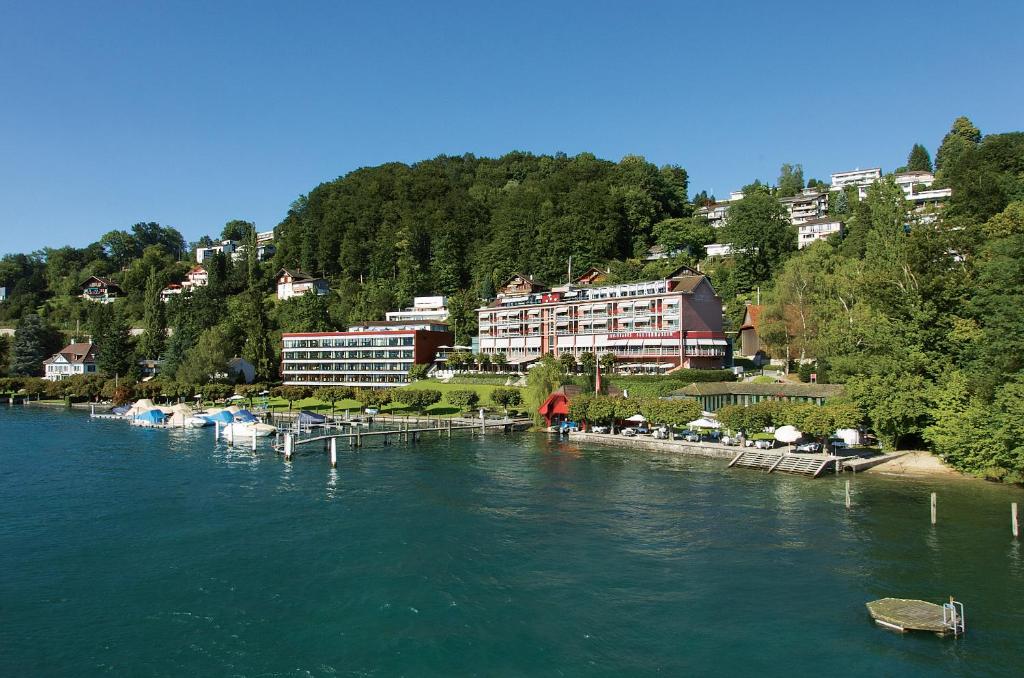 
a large body of water surrounded by houses and trees at Hotel Hermitage in Luzern
