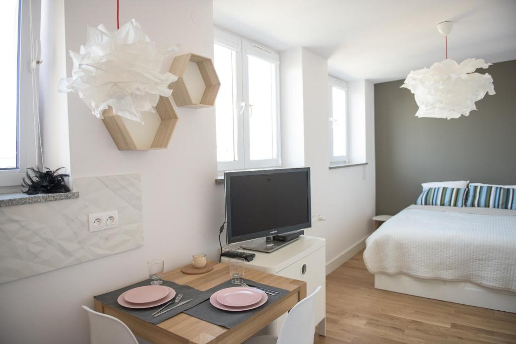 ワルシャワにあるWillow Pillow Nowowiejskaのテレビ、ベッドが備わる小さな客室です。