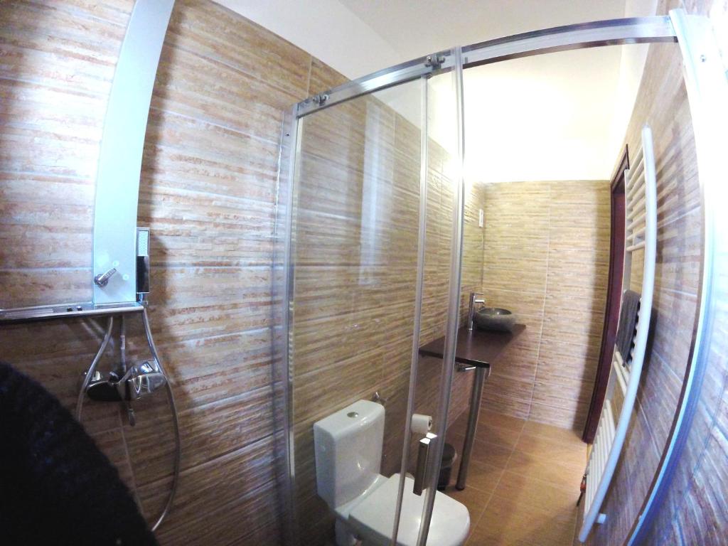 a bathroom with a toilet and a glass shower at Dózsaház in Zalaegerszeg