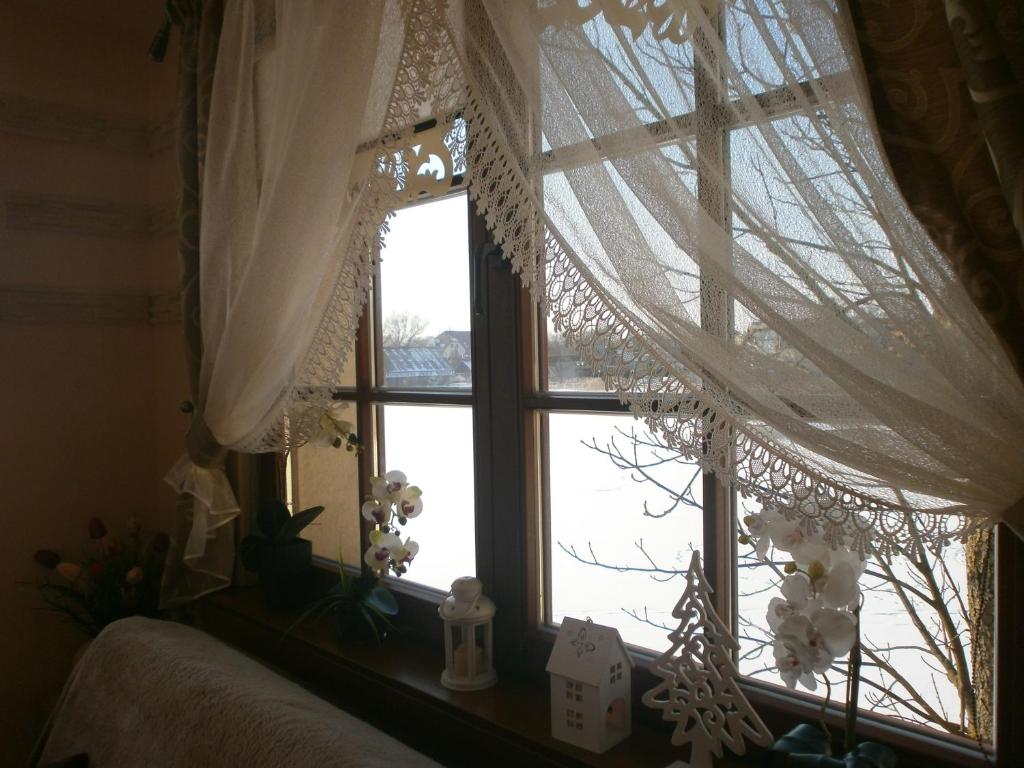 a window with white curtains and flowers in a room at apartament z widokiem na jezioro in Mikołajki