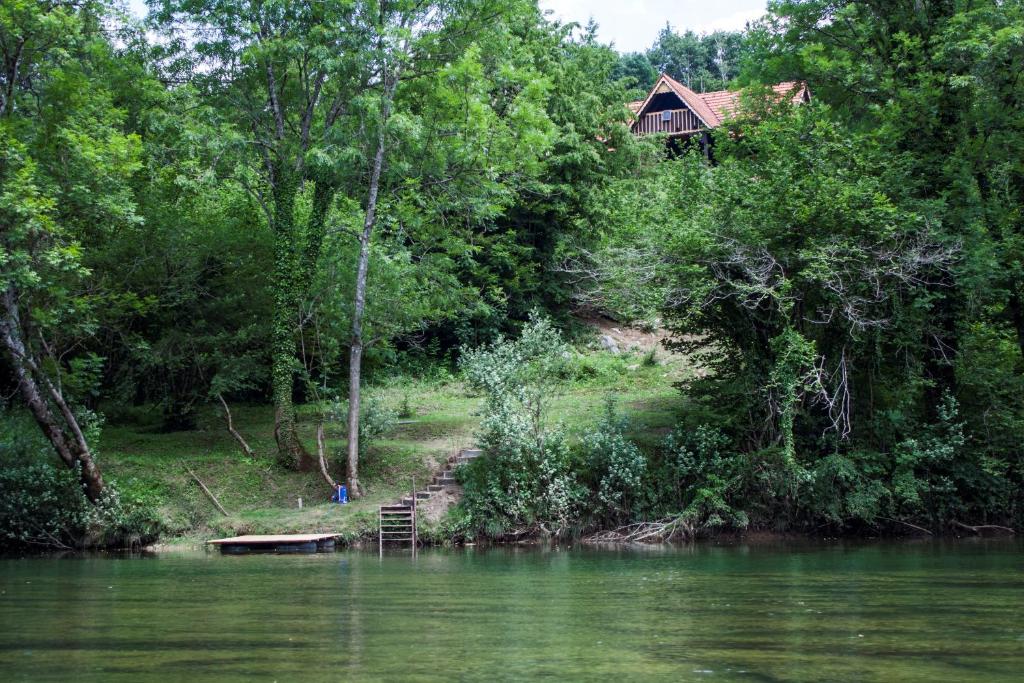 a house on the side of a river with trees at Vacation House Spiritus Flumine in Netretić