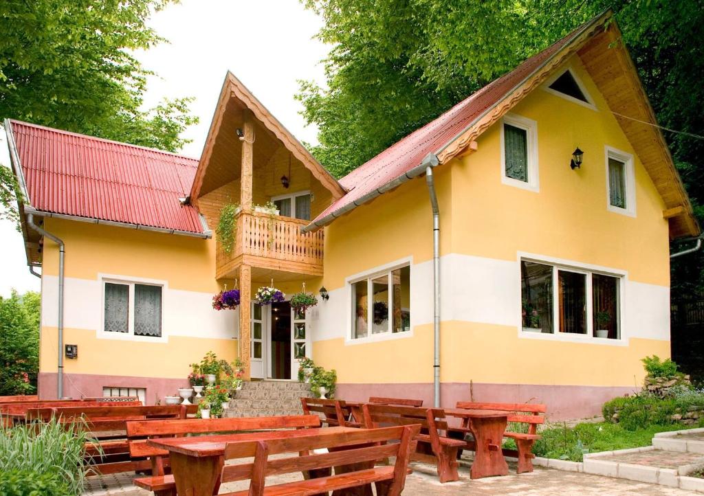 une maison avec des bancs et des tables en bois dans l'établissement Perla Balvanyos, à Bálványos