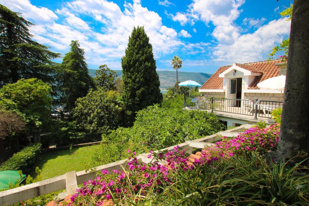 a garden with pink flowers and a house at Guest House Saga in Herceg-Novi