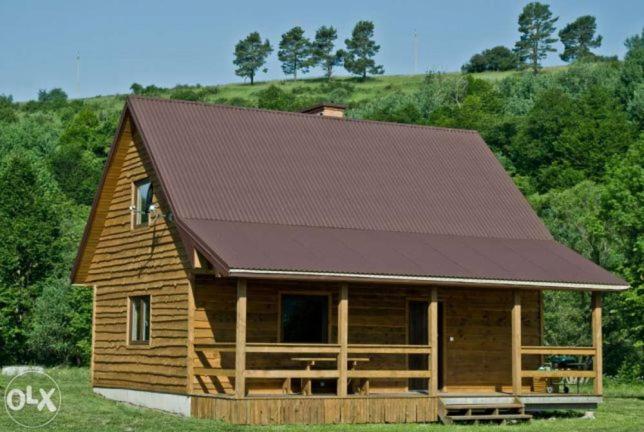 a large wooden cabin with a brown roof at Domki w Smolniku z możliwością apiterapii in Komańcza