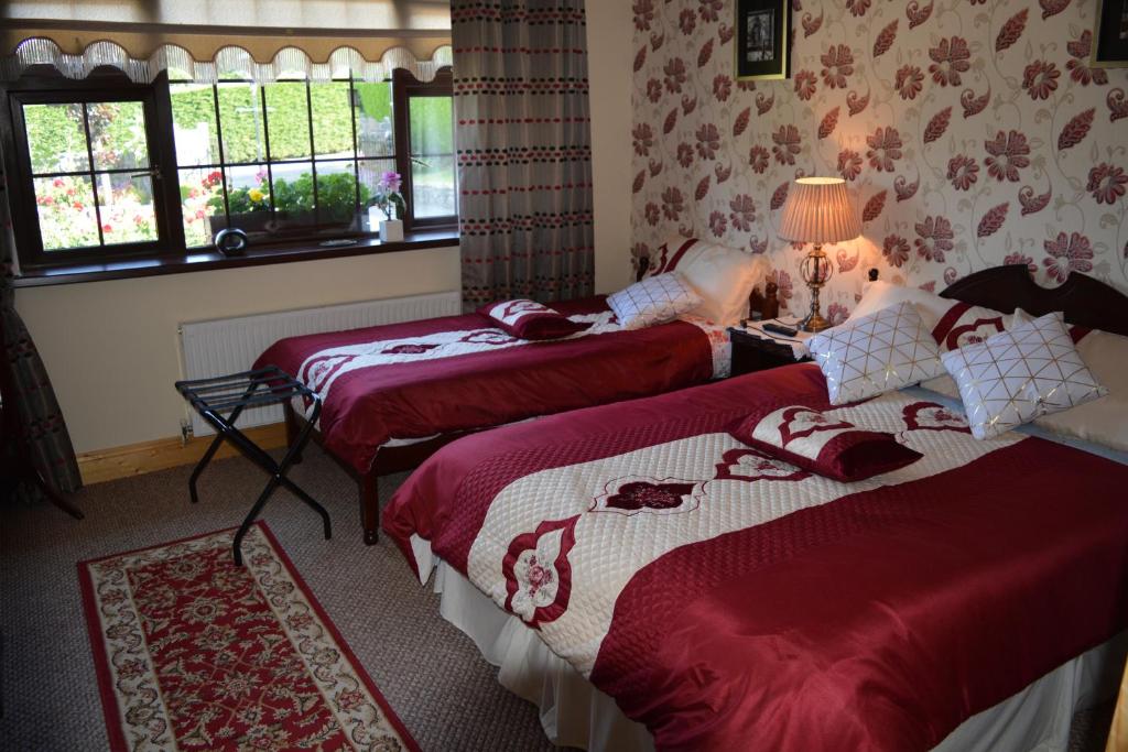 een slaapkamer met 2 bedden en een lamp en ramen bij Weir view Bed and Breakfast in Durrow