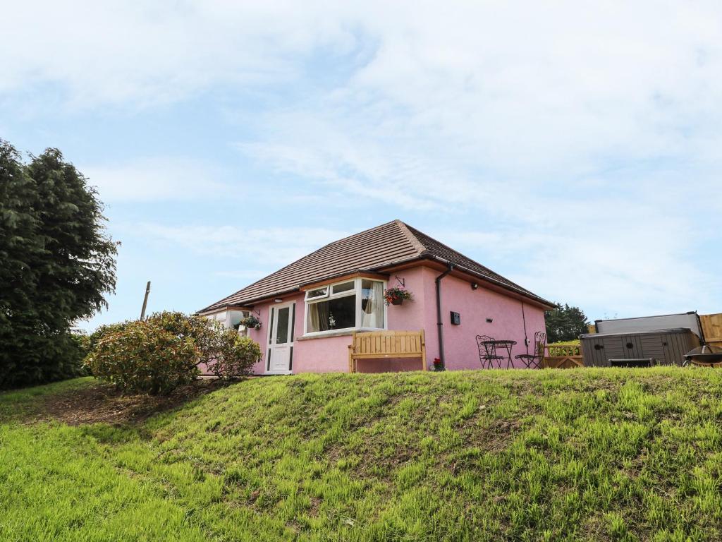 a pink house on top of a grassy hill at Tegfan in Rhayader