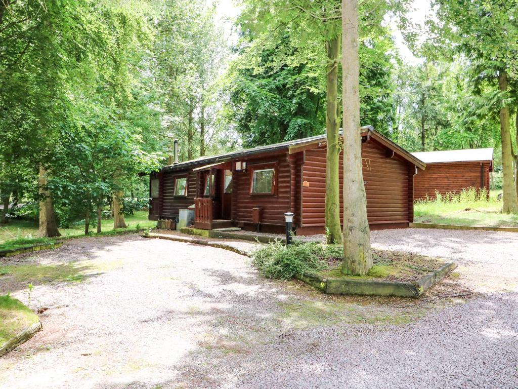 a cabin in the woods with a gravel driveway at Lodge 8 in Legbourne