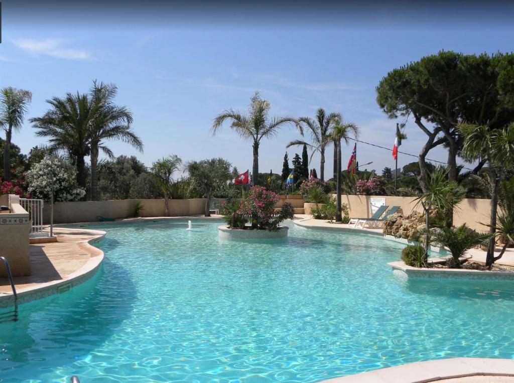 een zwembad in een resort met palmbomen bij Mobile Home in Frejus, South of France in Fréjus