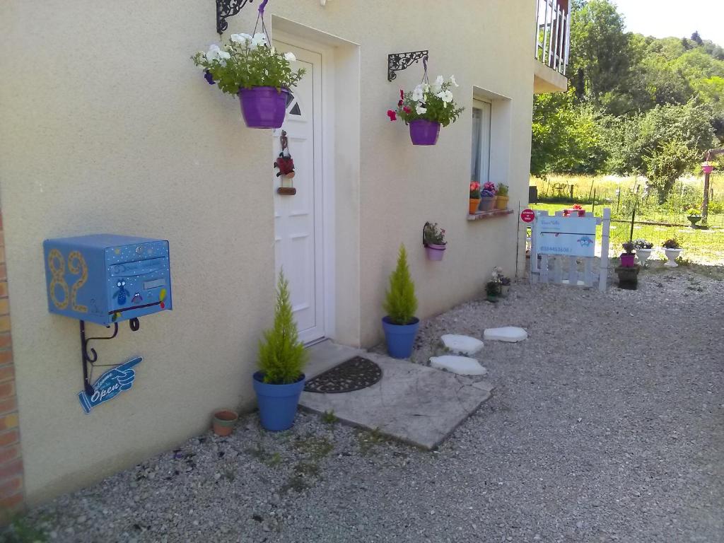 ein Haus mit Topfpflanzen nebeneinander in der Unterkunft Douce vallee in Vaux-lès-Saint-Claude