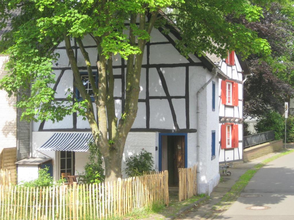 Una casa blanca con un árbol delante. en Kallmuth Cottage, en Kallmuth