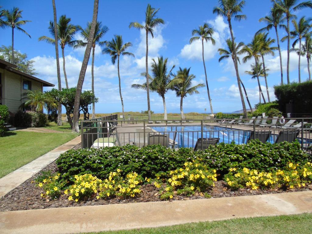 un jardín con flores amarillas frente a una piscina en Aloha KAI2 - Resort Condo, en Kihei