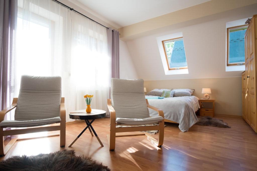sypialnia z 2 krzesłami i łóżkiem w obiekcie Apartament Droga na Bystre w Zakopanem