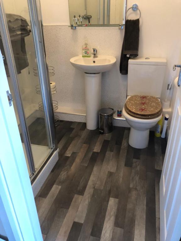 a bathroom with a toilet and a sink and a shower at Garden Oasis in Margate